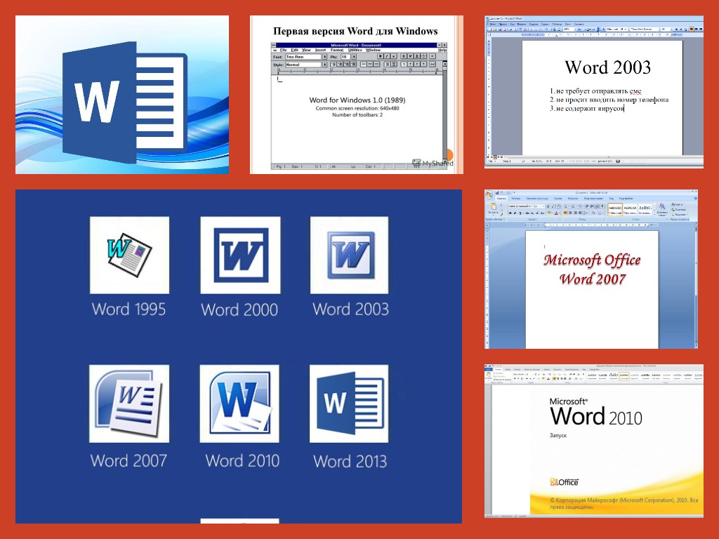 Версии программы Microsoft Word от 1995 до 2019.