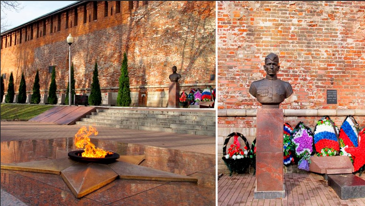 Сквер памяти героев. Вечный огонь и бюст героя Советского Союза Егорова.