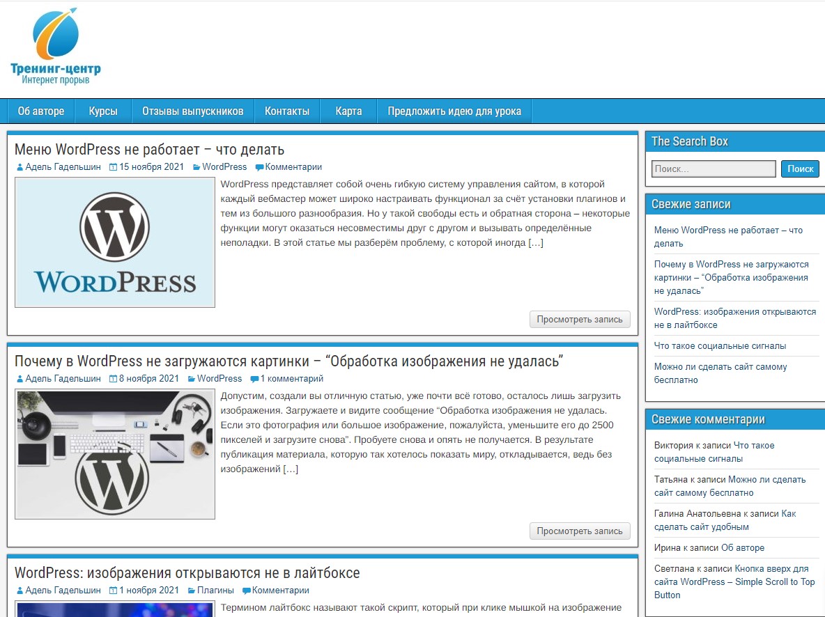 Страница сайта wpuroki.ru, владельцем которого является Адель Гадельшин, тренер по обучению созданию сайтов.